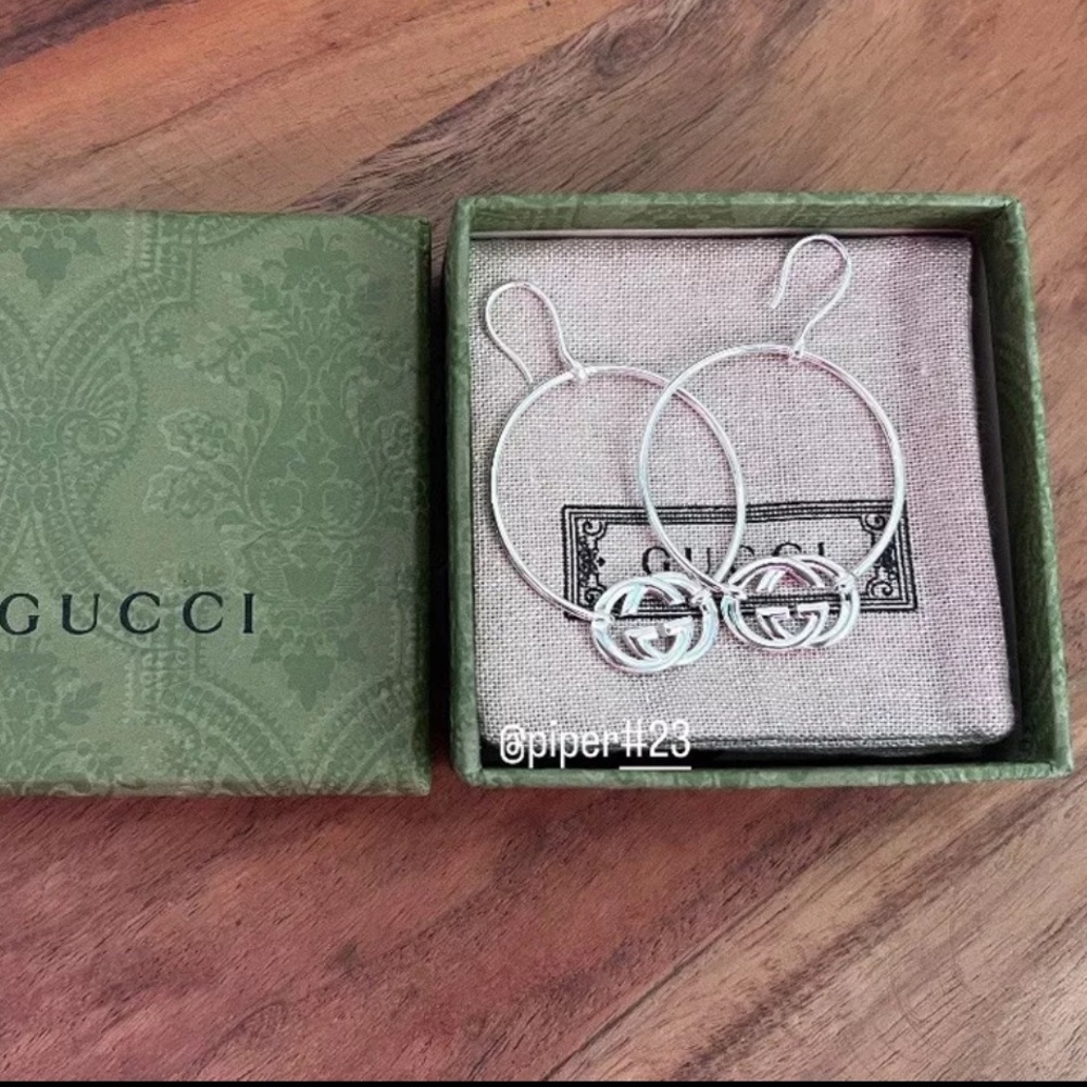NWT 100% Authentic GUCCI Trademark GG Sterling Silver Hoop Earrings - Picture 6 of 10